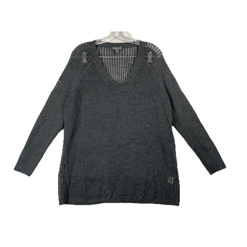 Eileen Fisher Women Medium Sweater 100% Merino Wool Open Mesh Knit Gray Tunic
